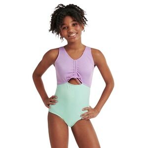 Justice Beach Girls Purple Mint Green Ribbed Colorblock One Piece Swimsuit